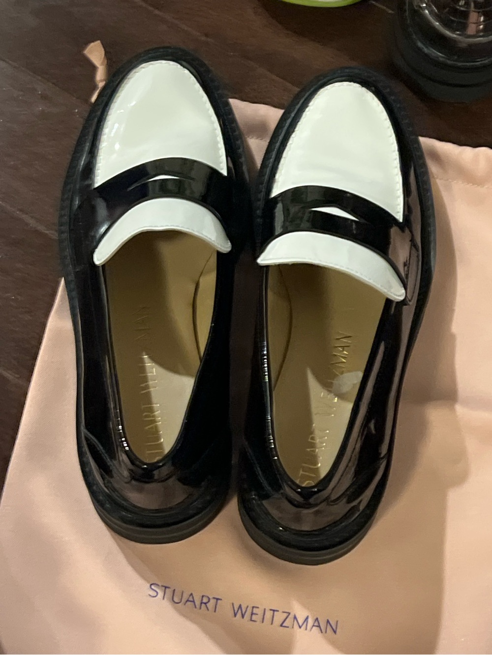 Stuart Weitzman Black and White Patent Leather Penny Loafers